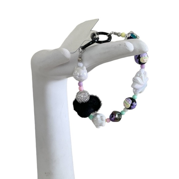 Black & Purple Pom Pom Kitty Beaded Charm Phone Accessory Wristlet with tab - Picture 10 of 17